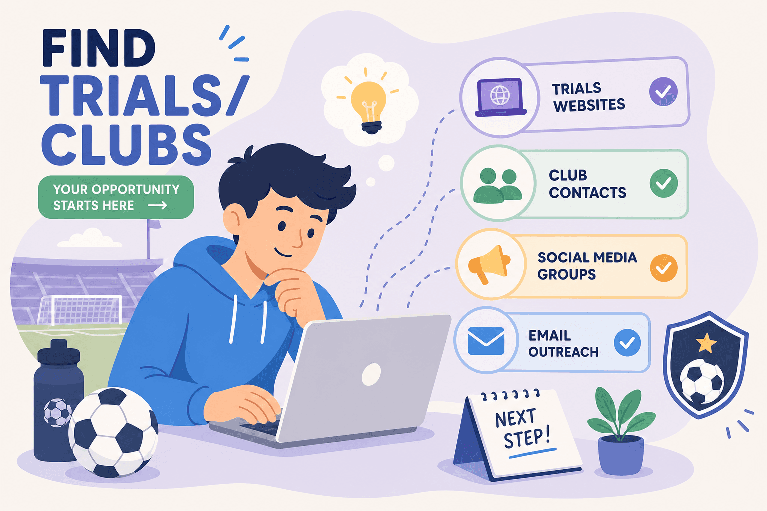 Player researching ways to find football trials and clubs online