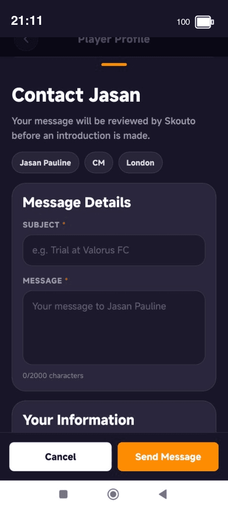 Skouto app contact player message form