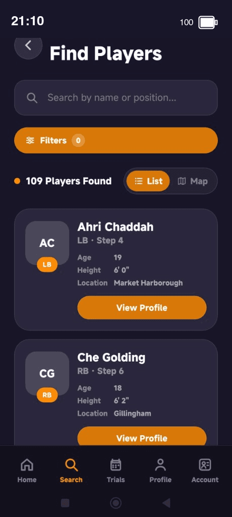 Find players in the Skouto mobile app