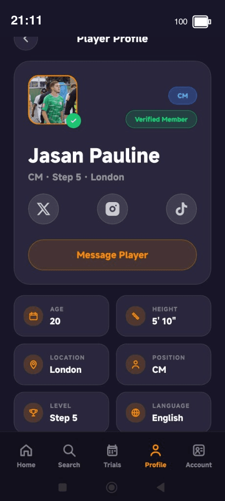 Skouto app player profile with stats and social links