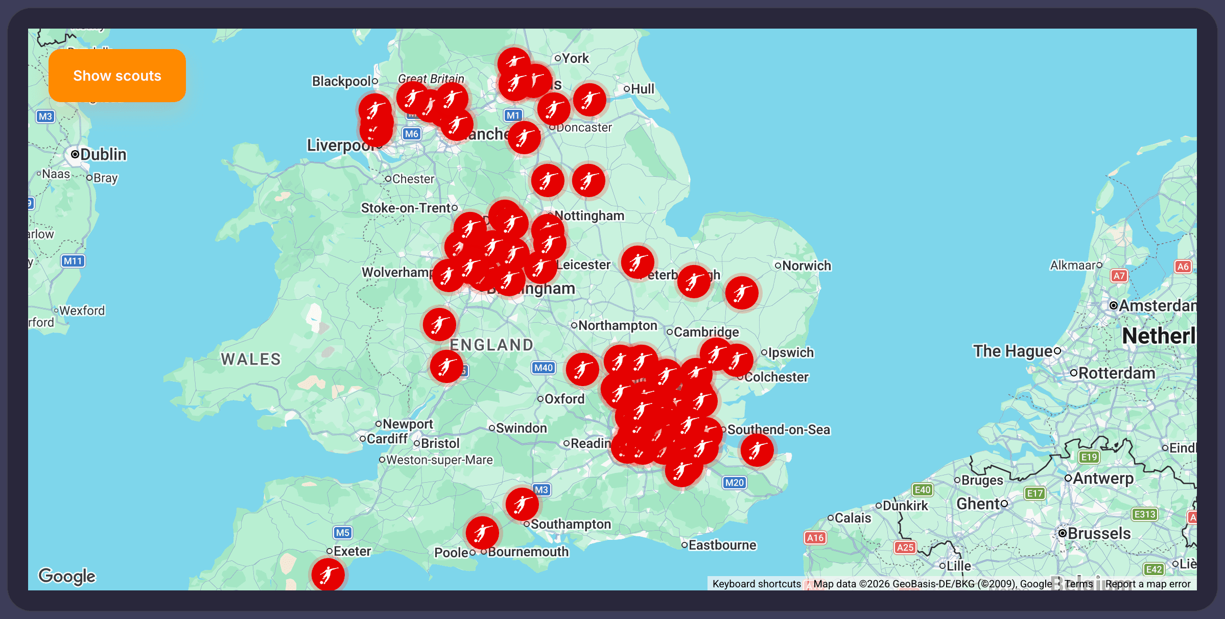 Skouto map showing player profiles across England